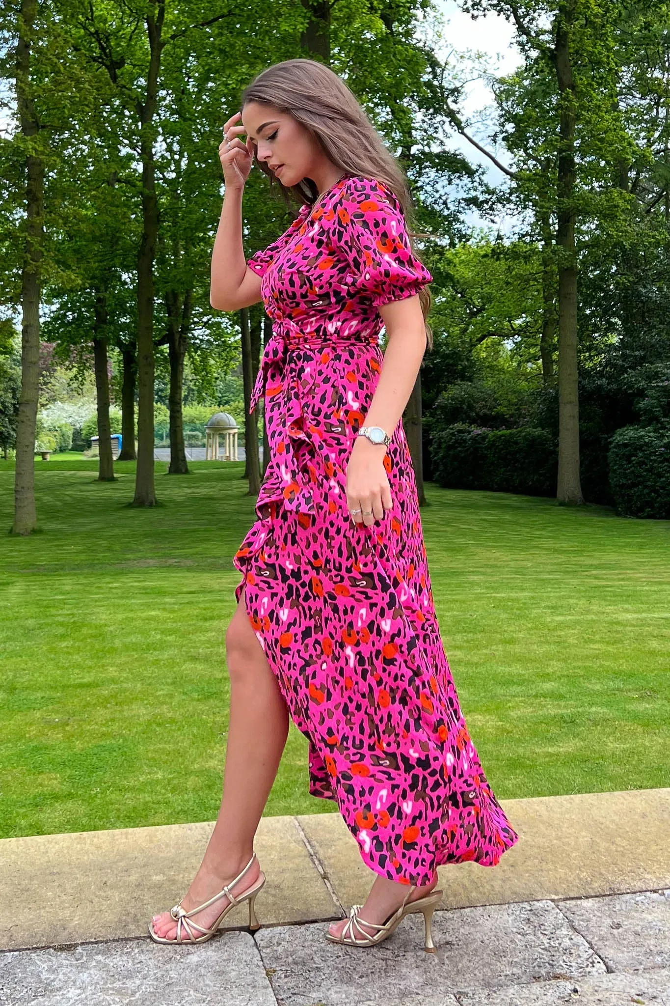 Girl in Mind Lydia Split Hem Frill Detail Pink Leopard Maxi Dress