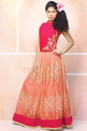 Girls Peach & Pink Net Embroidery Crop Top Set