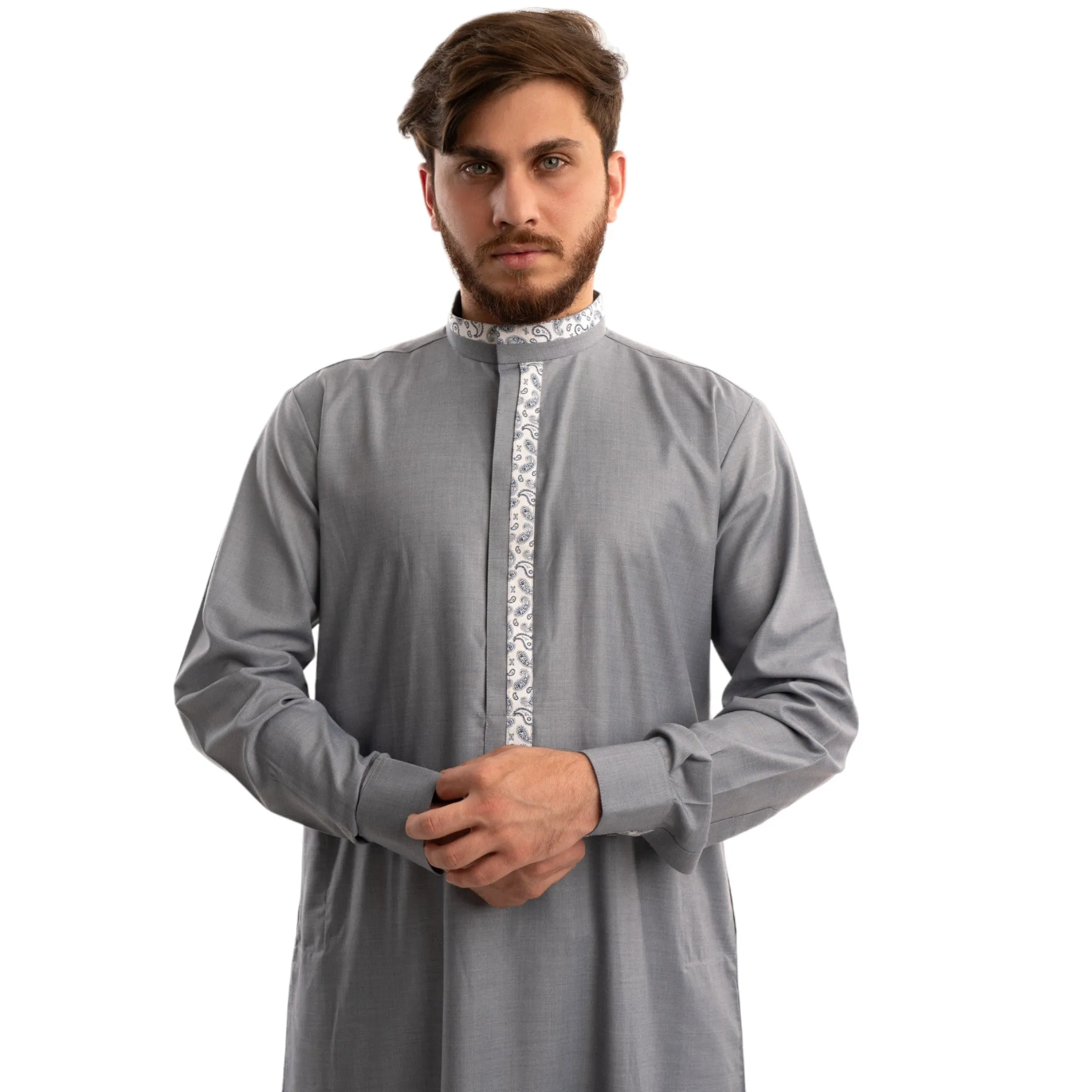 Grey Paisley Collar Thobe