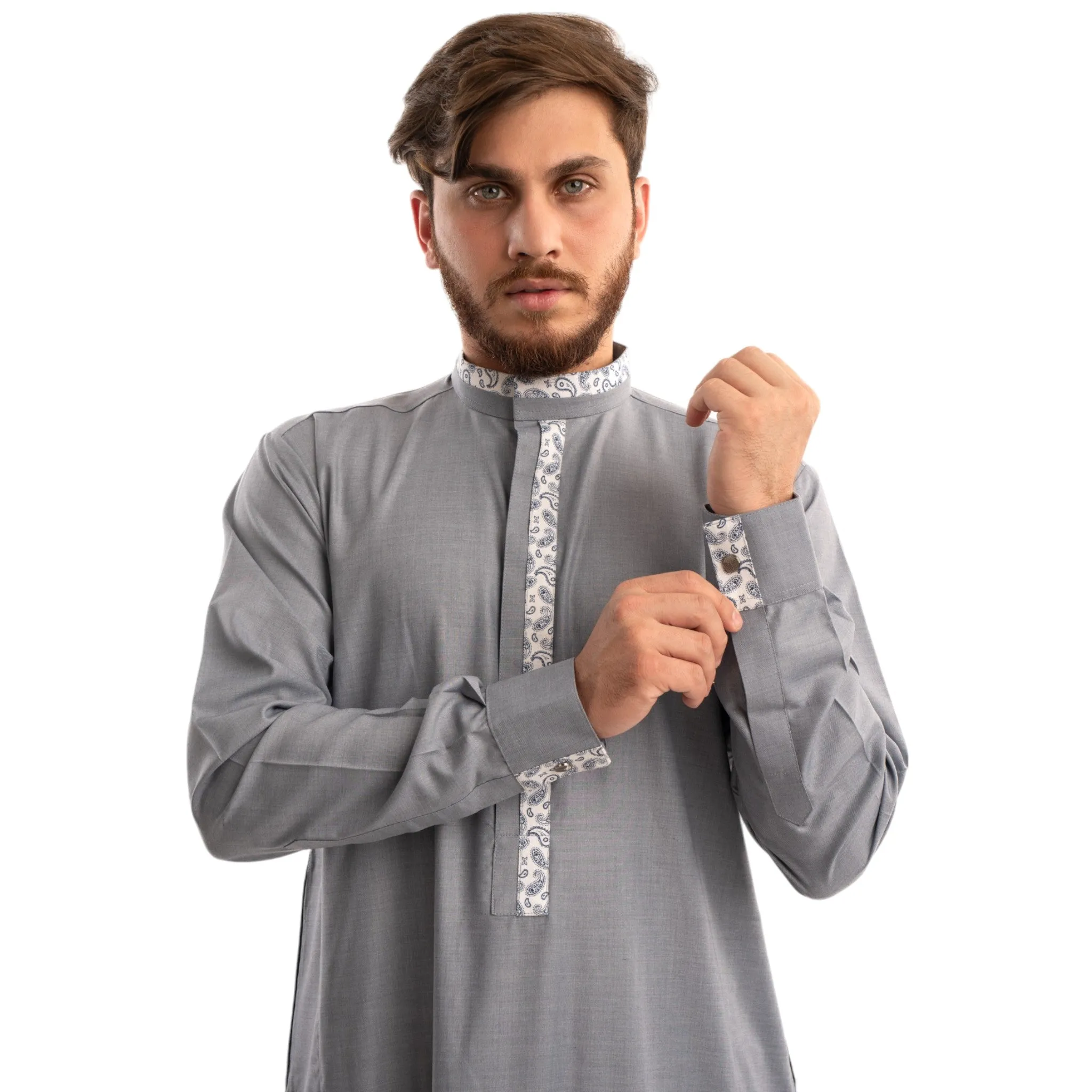 Grey Paisley Collar Thobe