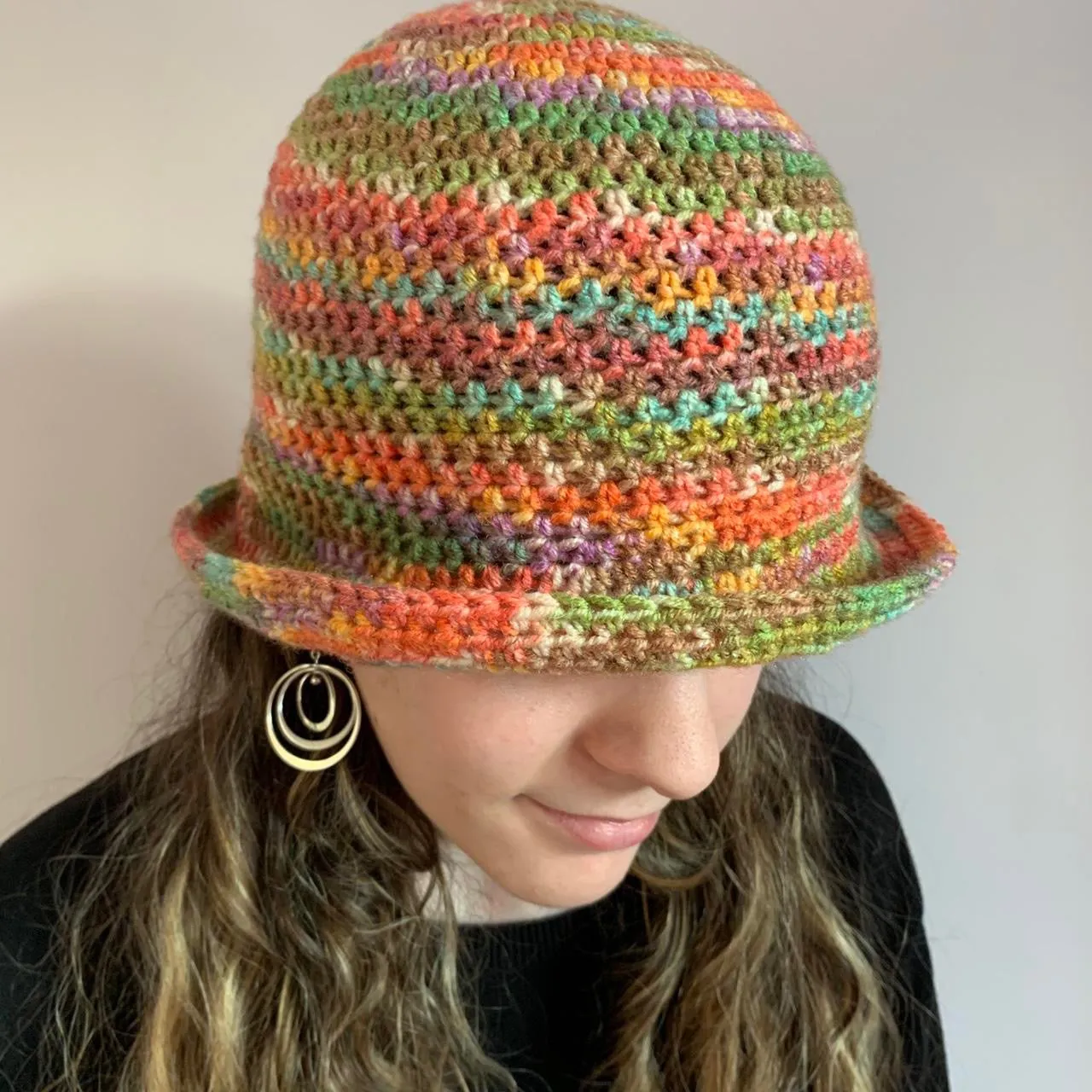 Handmade crochet bucket hat in Burnt Rainbow shades