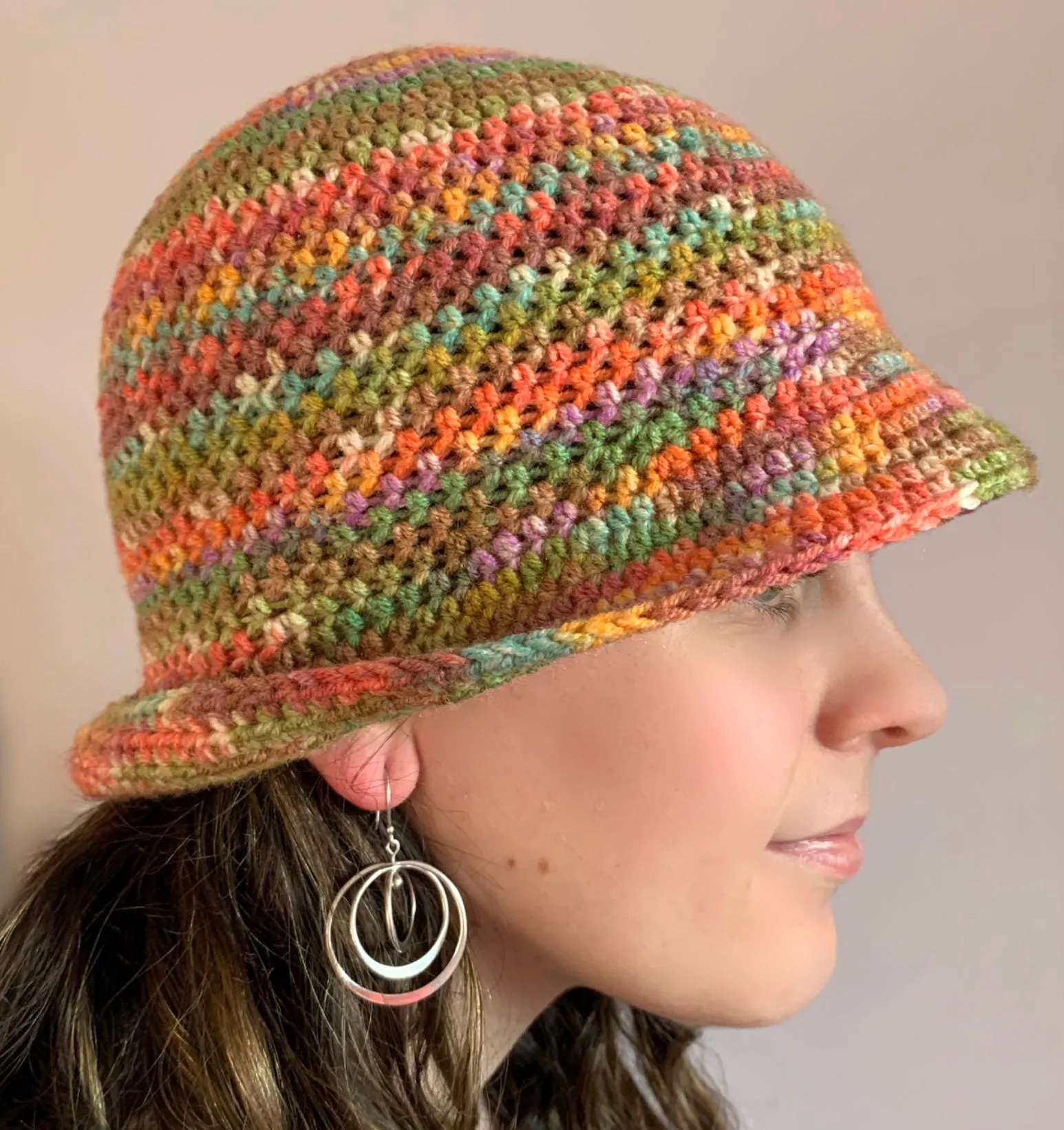 Handmade crochet bucket hat in Burnt Rainbow shades