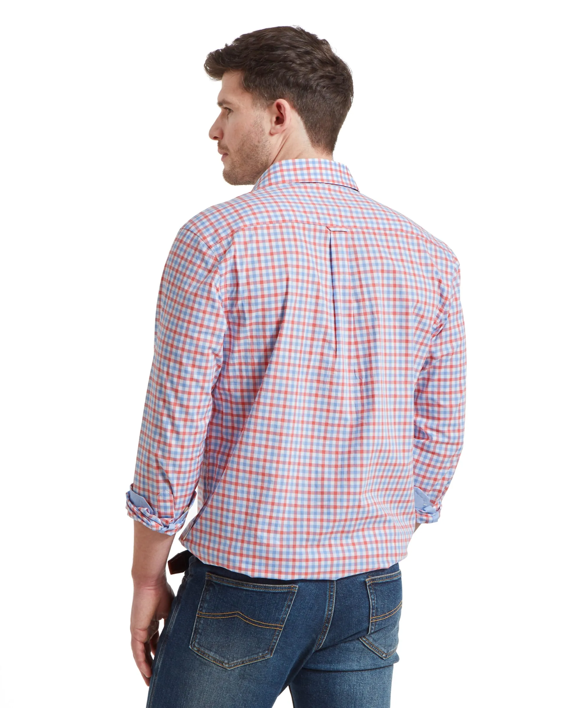 Hebden Tailored Shirt - Sun Coral/Sky Blue Check