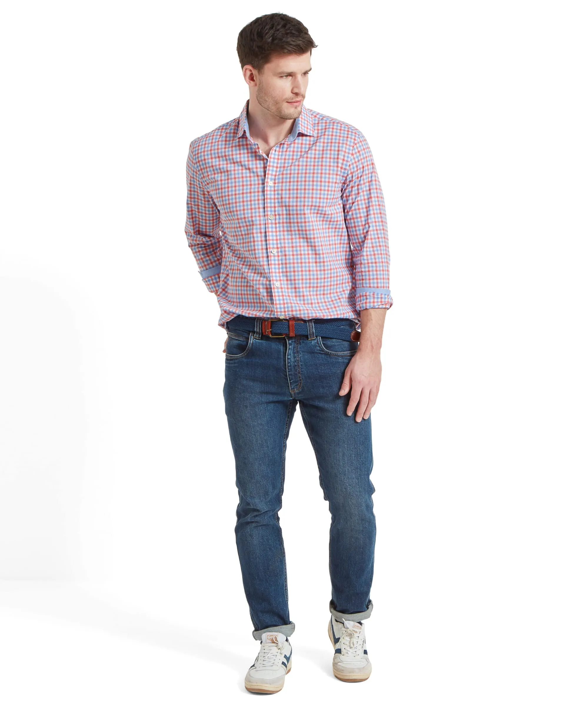 Hebden Tailored Shirt - Sun Coral/Sky Blue Check