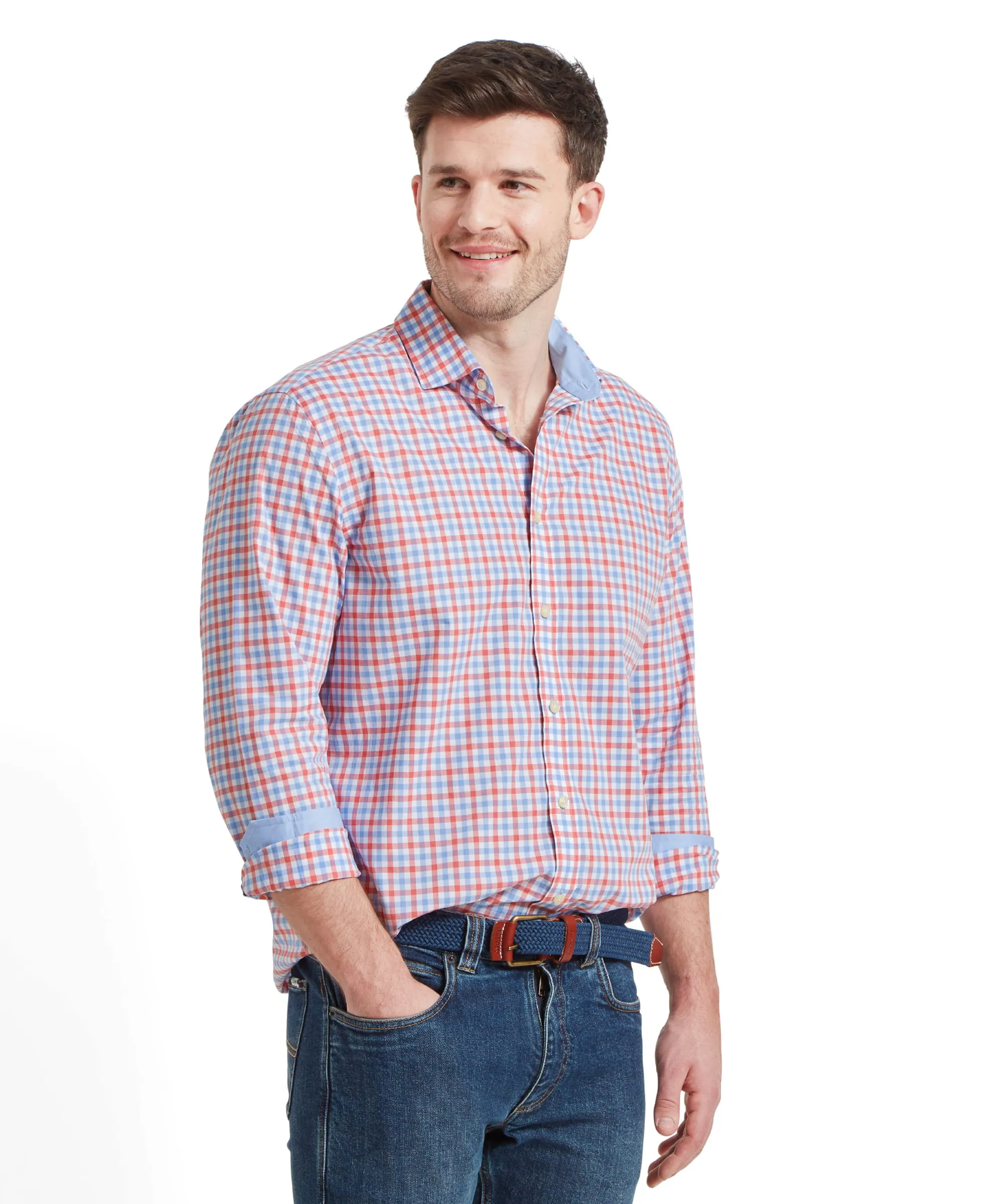 Hebden Tailored Shirt - Sun Coral/Sky Blue Check