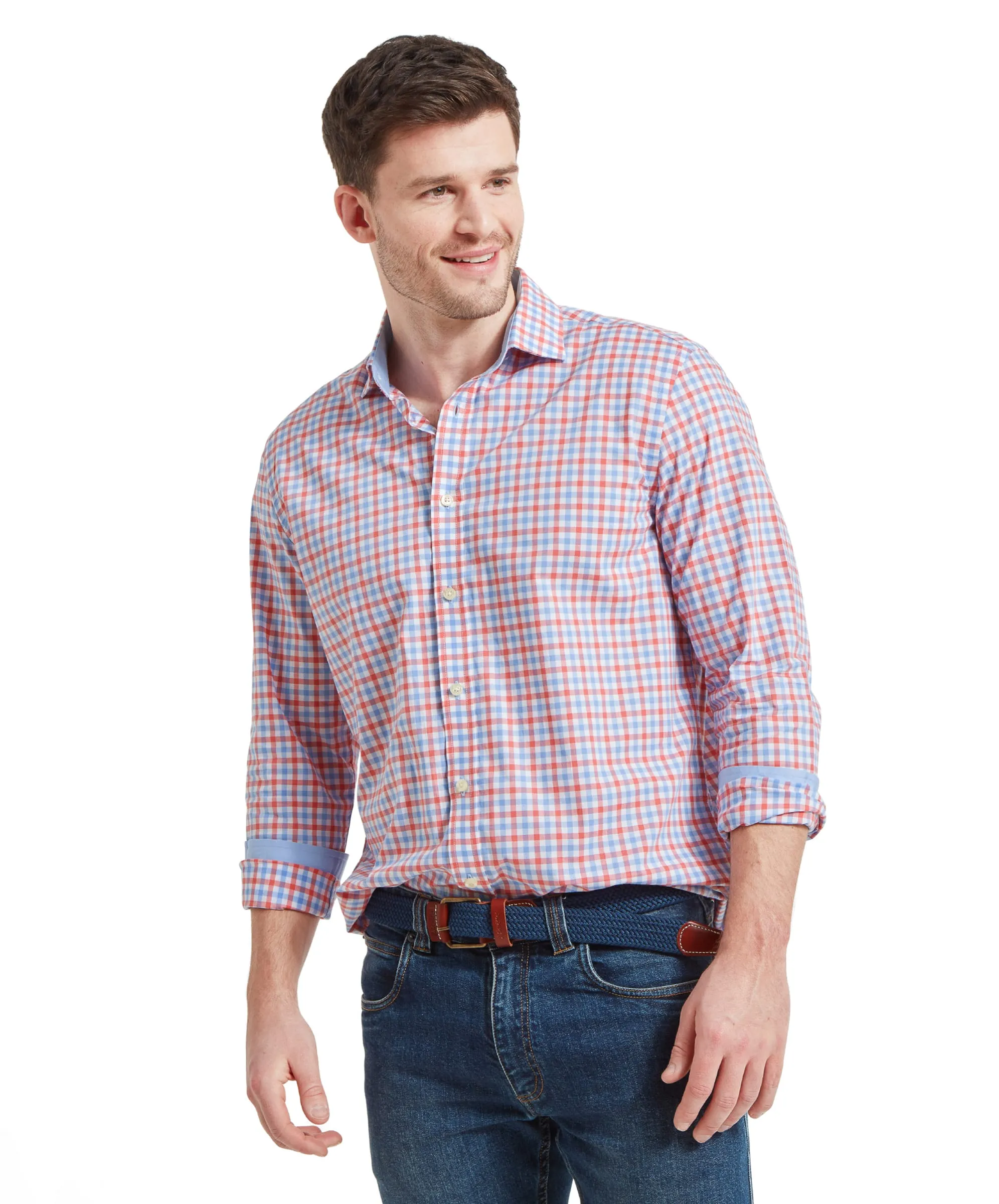 Hebden Tailored Shirt - Sun Coral/Sky Blue Check