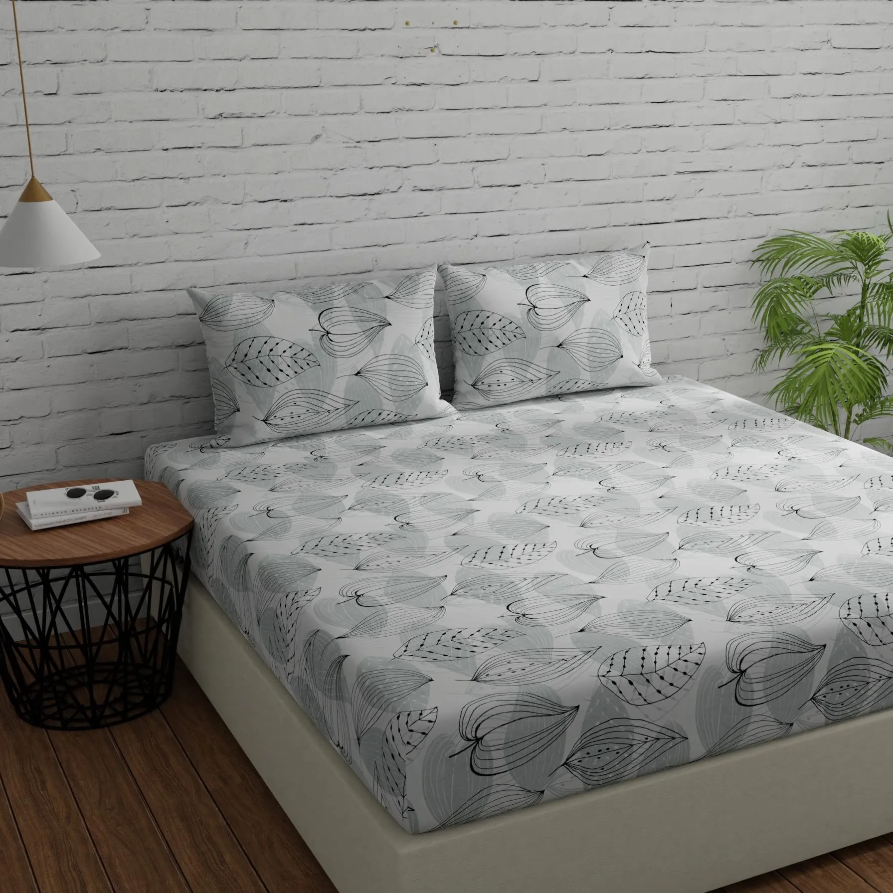 Huesland by Ahmedabad Cotton 144 TC Cotton Bedsheet for Double Bed with 2 Pillow Covers - Grey, Black & White