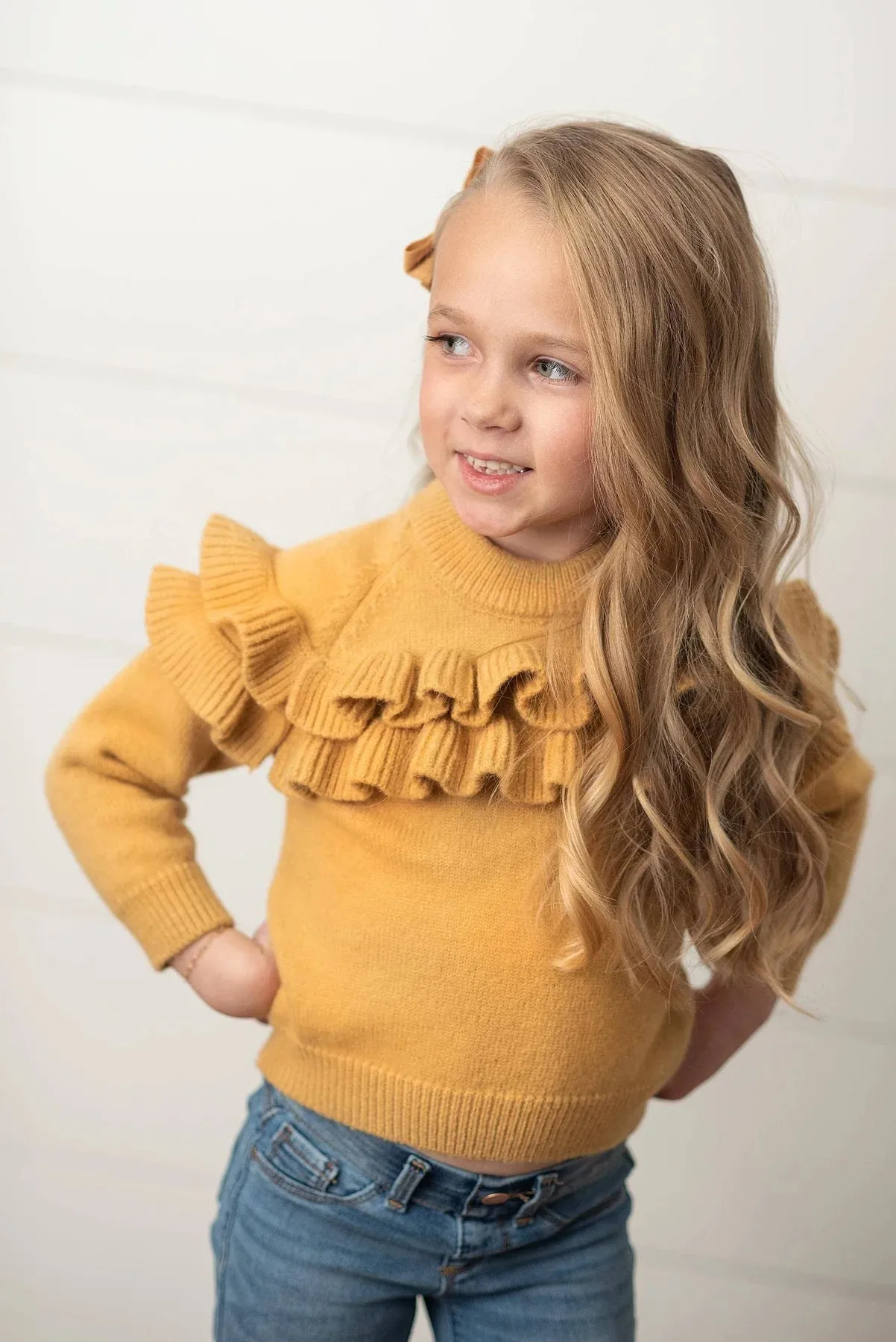 Kids Mustard Double Ruffle Crew Neck Fall Sweater