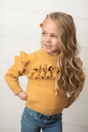 Kids Mustard Double Ruffle Crew Neck Fall Sweater