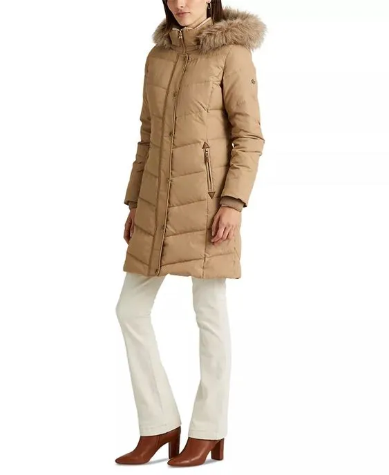 Lauren Ralph Lauren Women's Faux-Fur-Trim Hooded Down Puffer Coat  Color Dark Camel Size XL