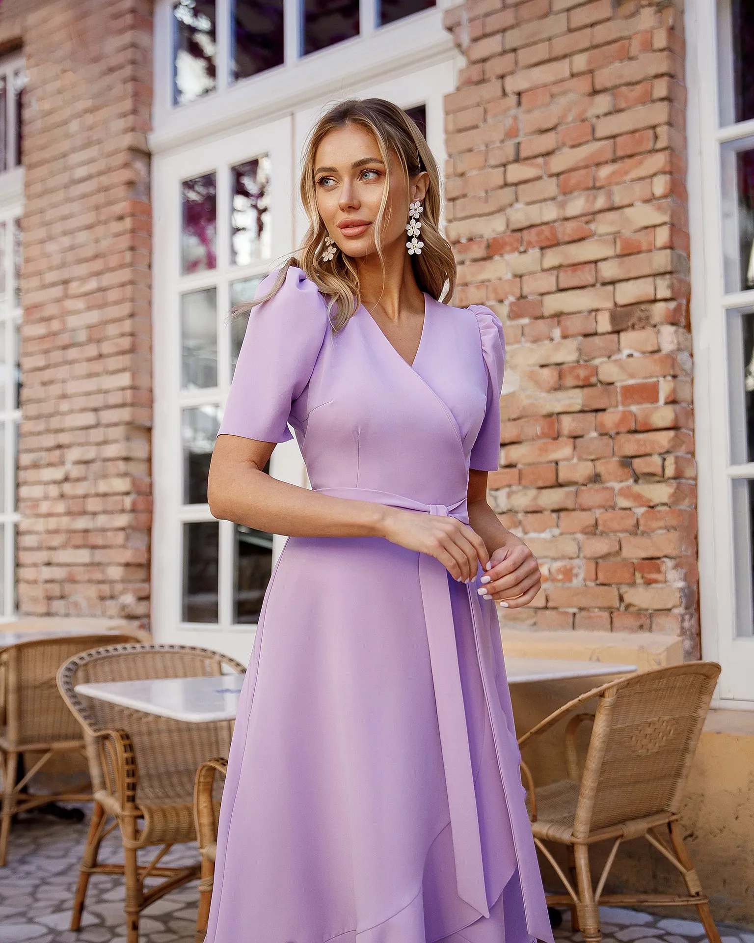 Lavender Wrap Short Sleeve Midi Dress