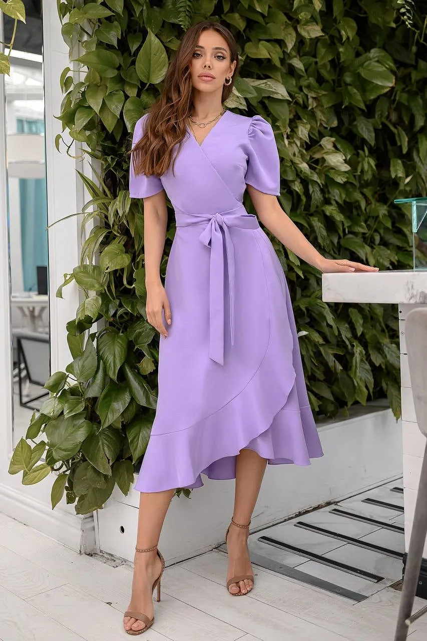 Lavender Wrap Short Sleeve Midi Dress