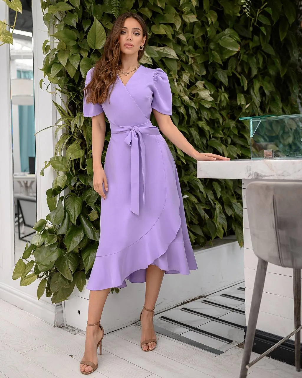Lavender Wrap Short Sleeve Midi Dress