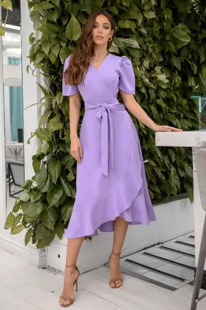 Lavender Wrap Short Sleeve Midi Dress