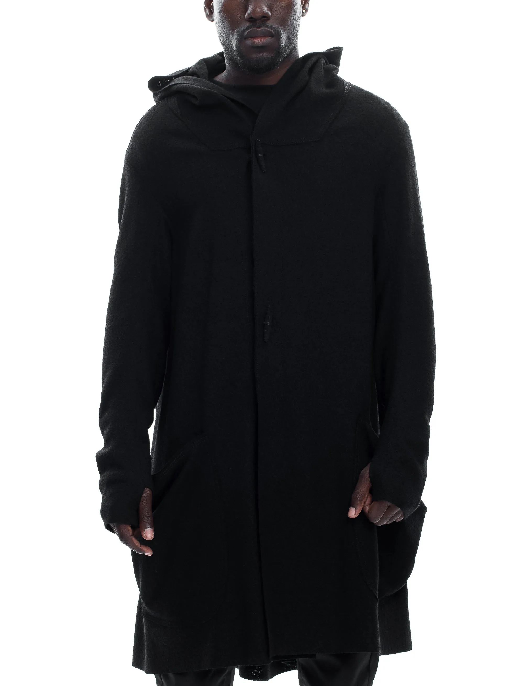 Long Hooded Boiled Wool Cardigan