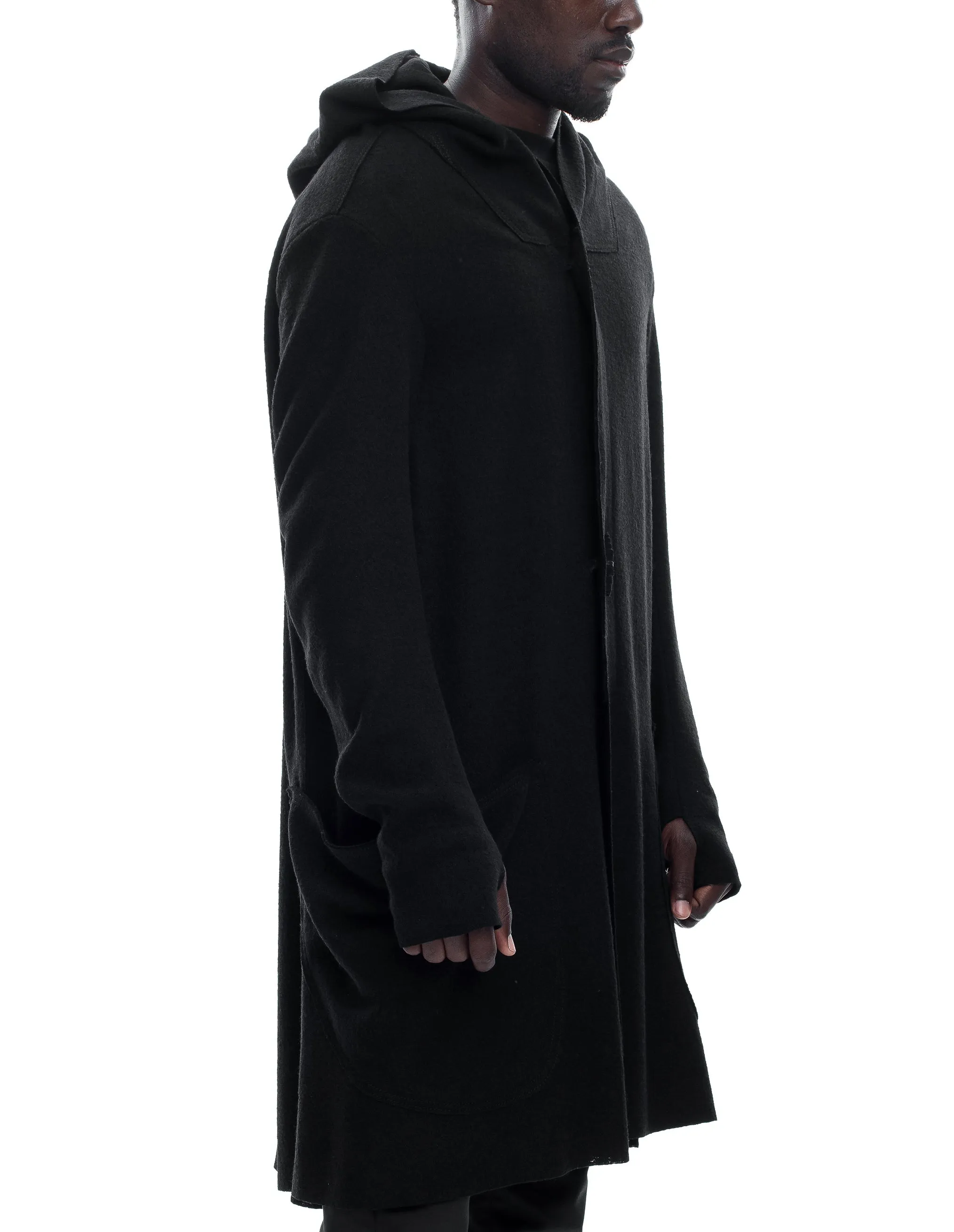 Long Hooded Boiled Wool Cardigan
