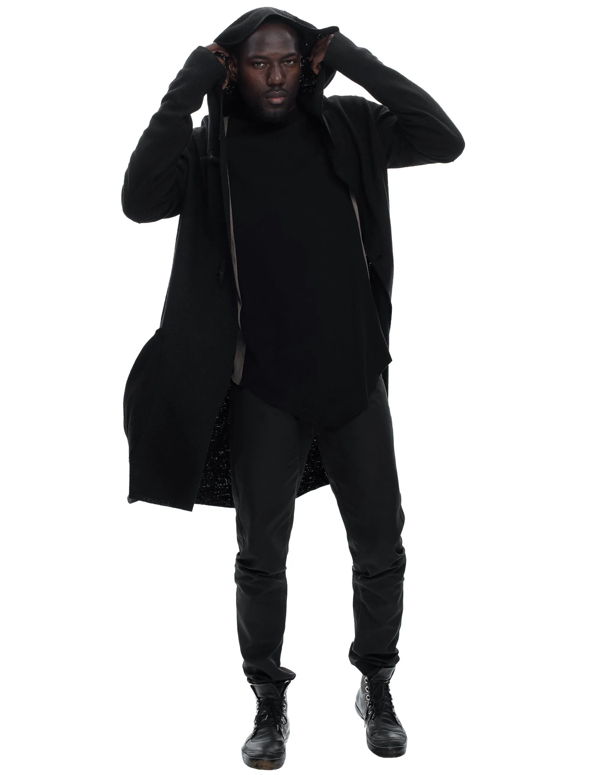 Long Hooded Boiled Wool Cardigan