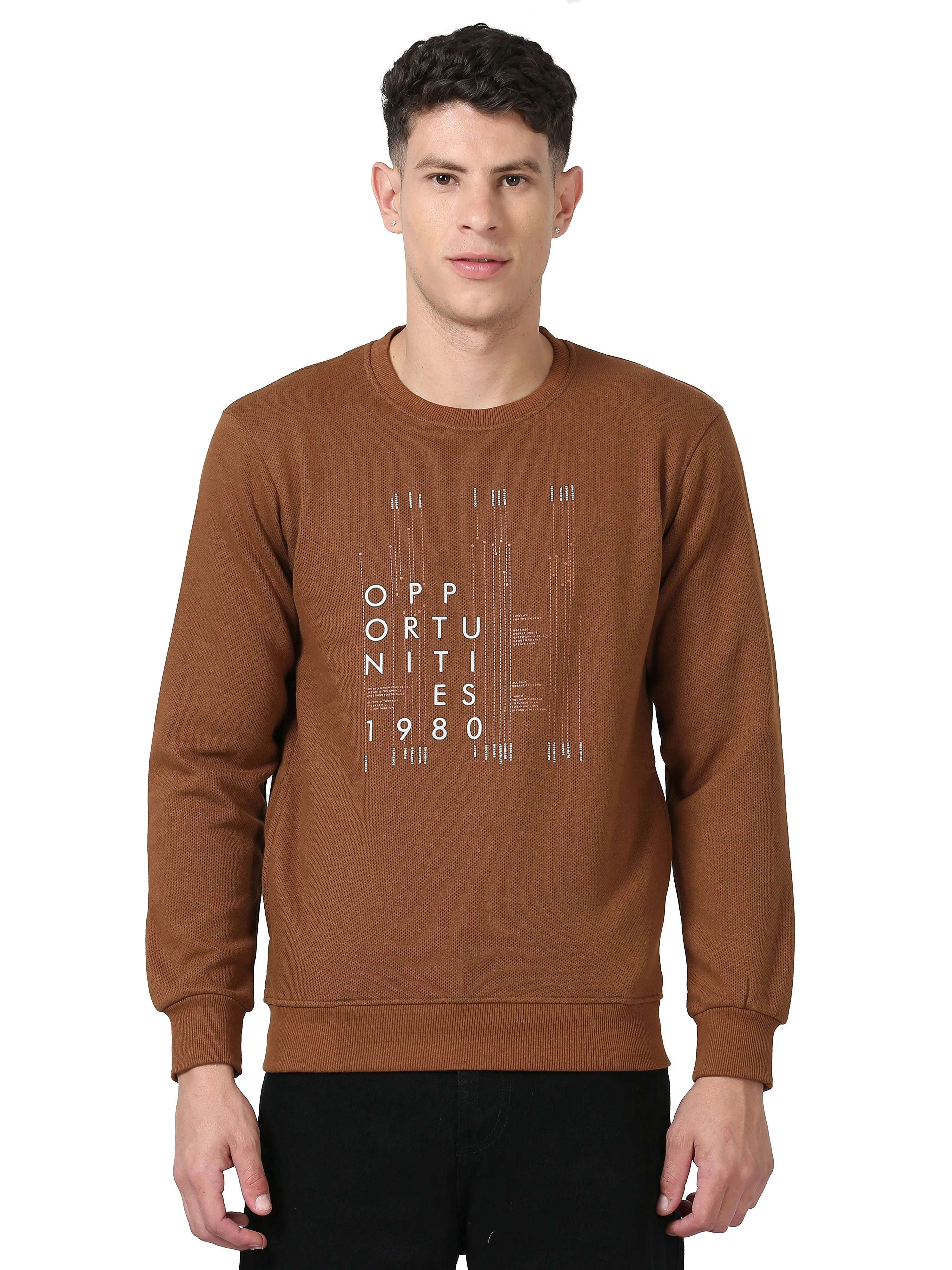 Men's Khaki Regular Fit Printed Full Sleeves Casual Sweatshirt