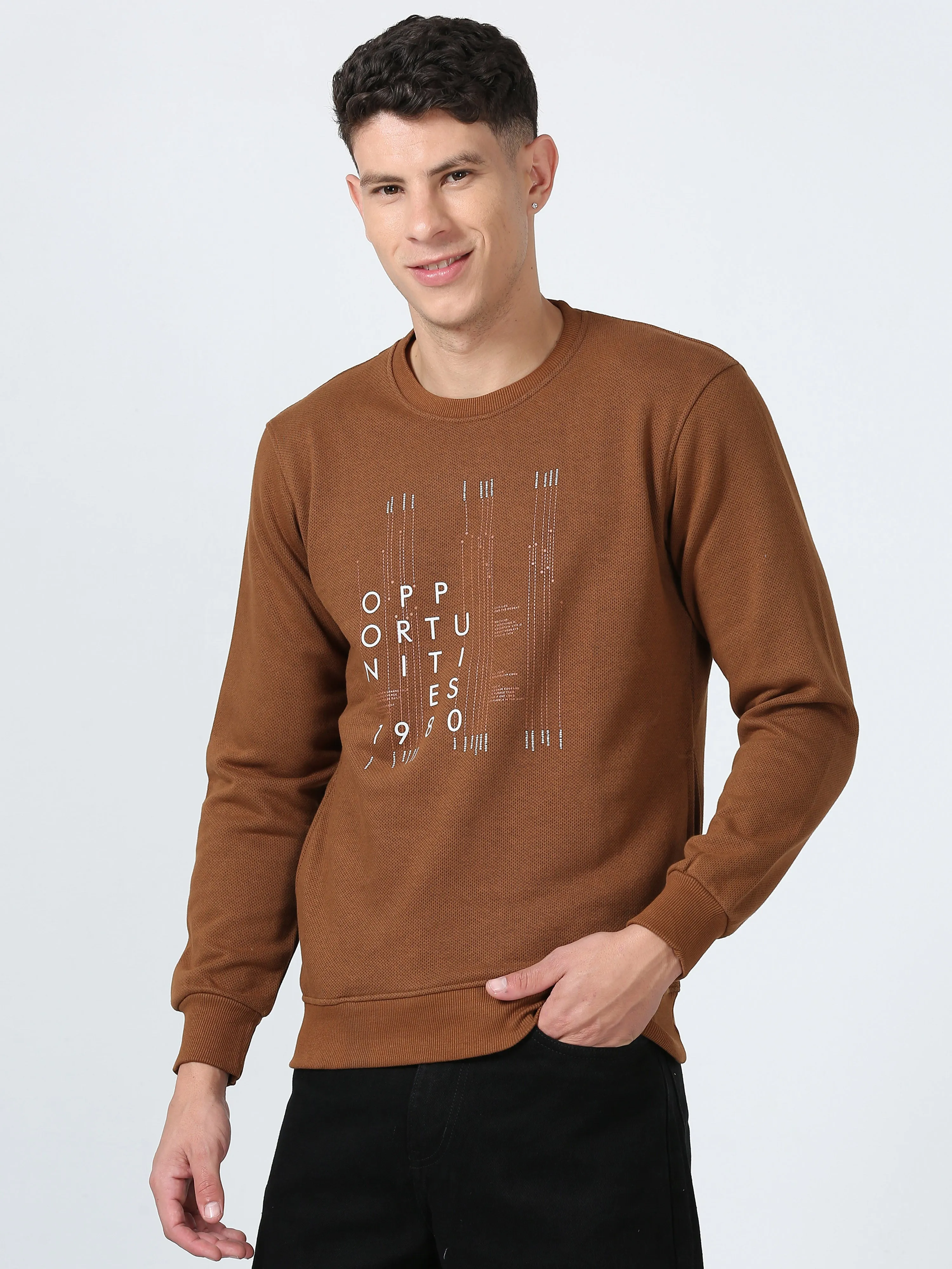 Men's Khaki Regular Fit Printed Full Sleeves Casual Sweatshirt