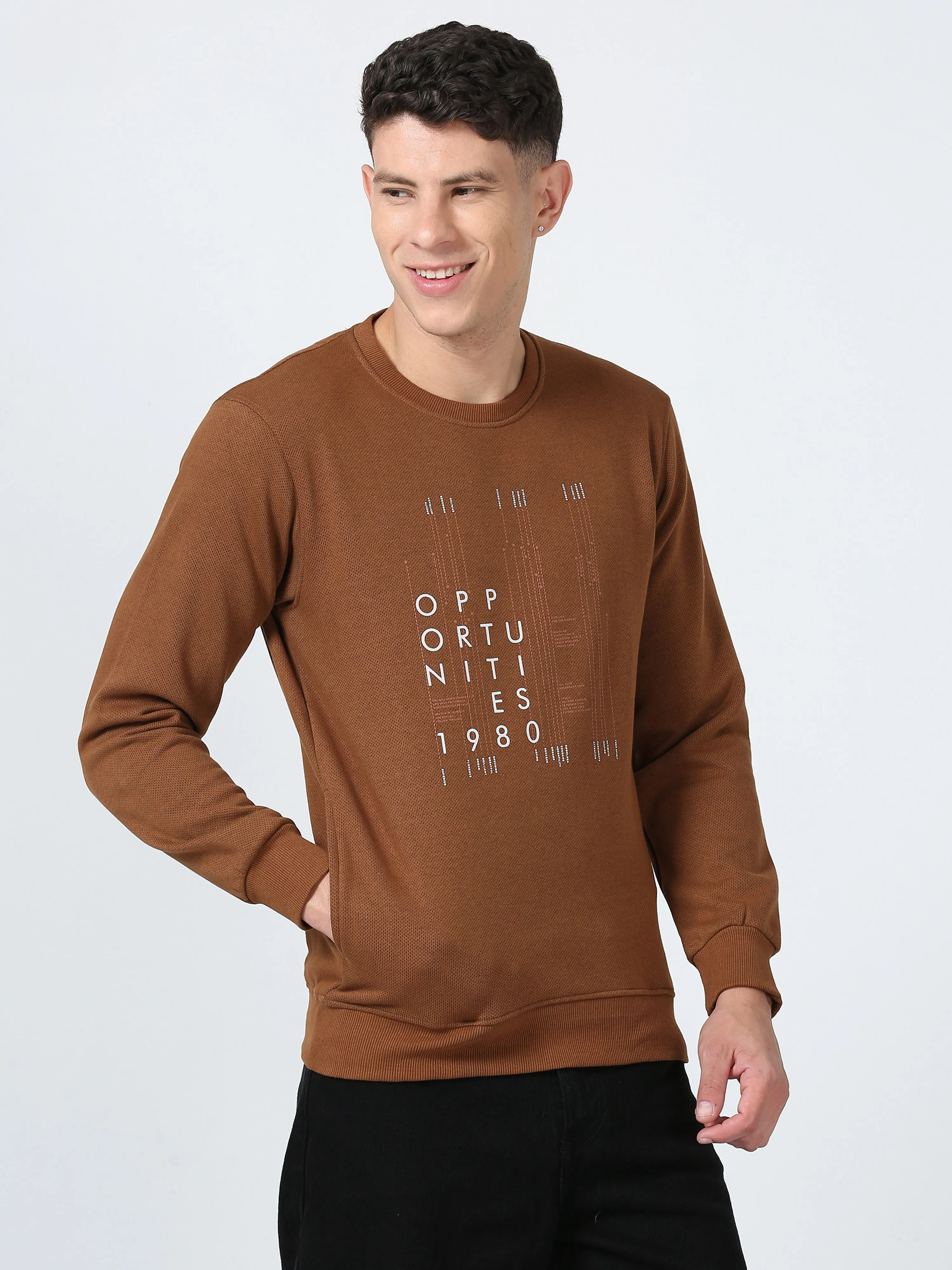 Men's Khaki Regular Fit Printed Full Sleeves Casual Sweatshirt
