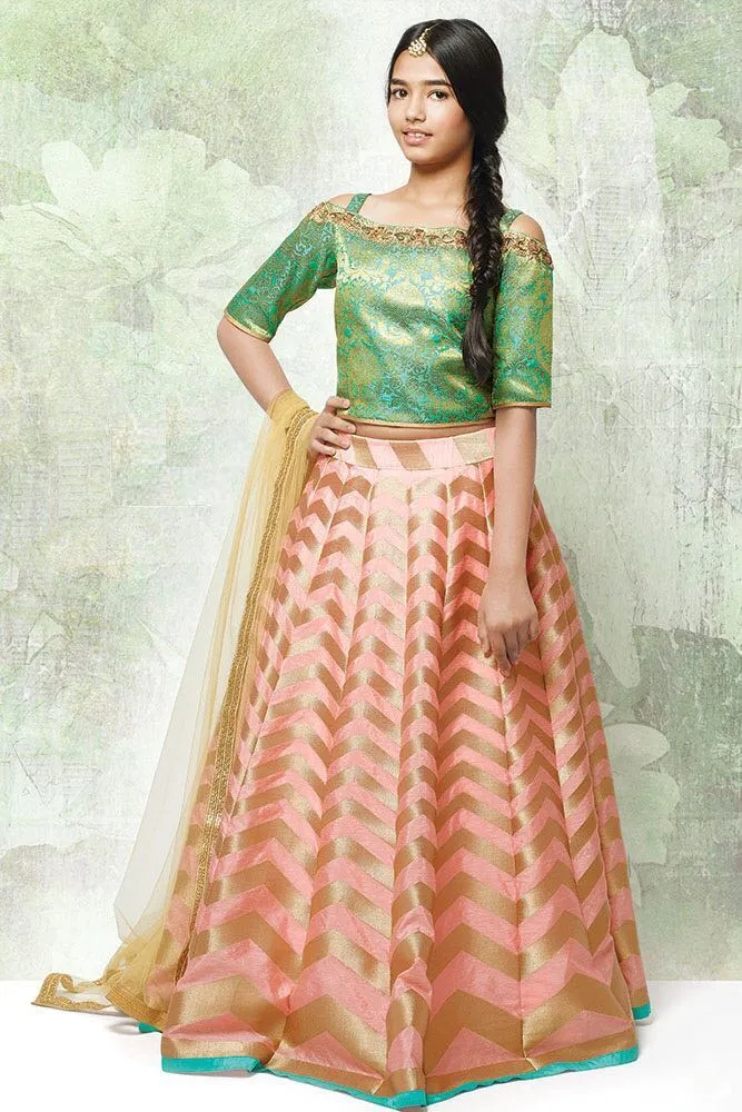 Mint green crop top with peach lehanga set Girls