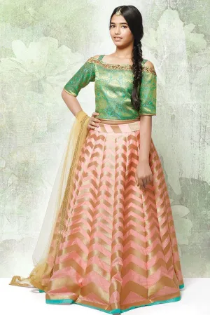 Mint green crop top with peach lehanga set Girls