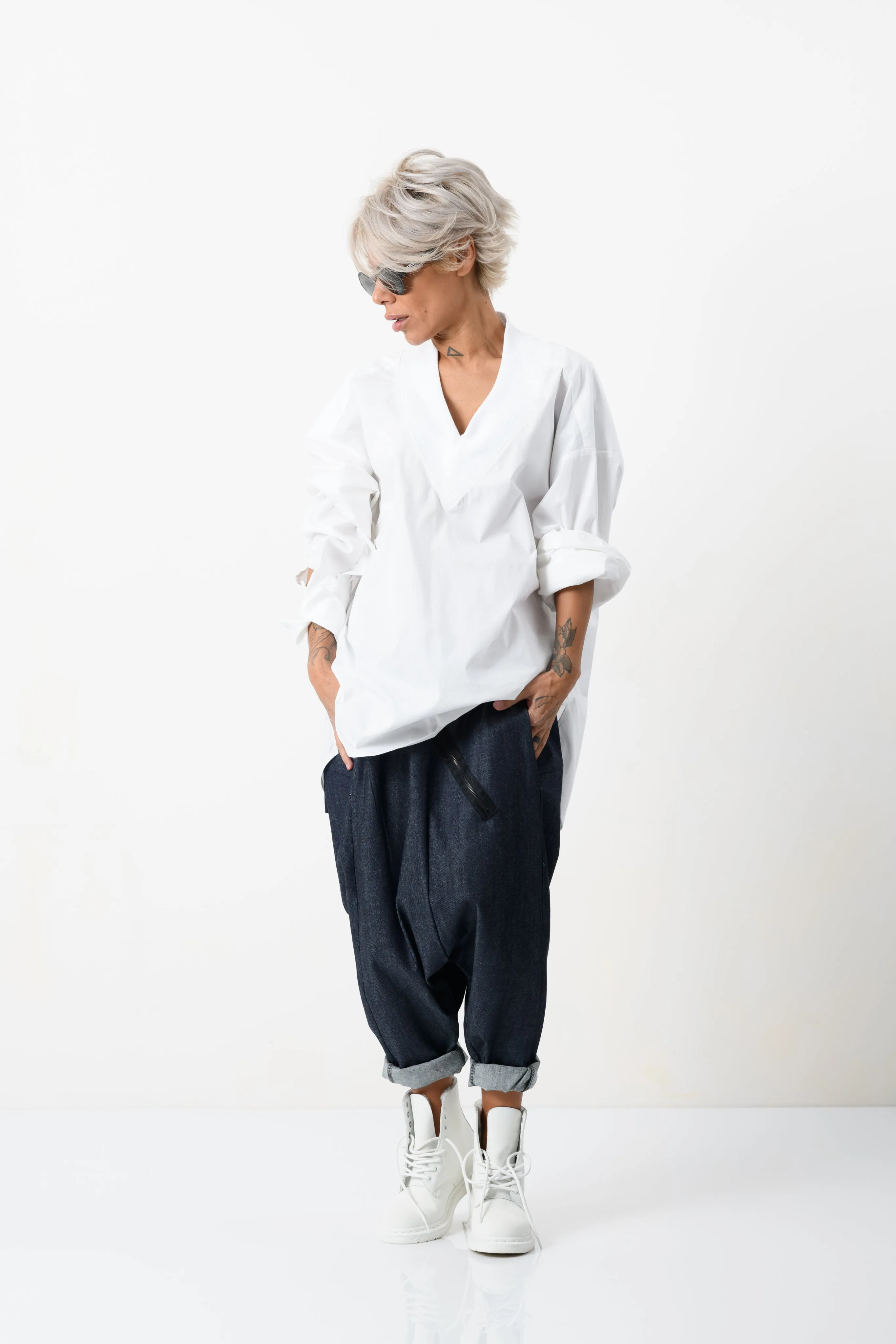 Oversized V-neck White Shirt