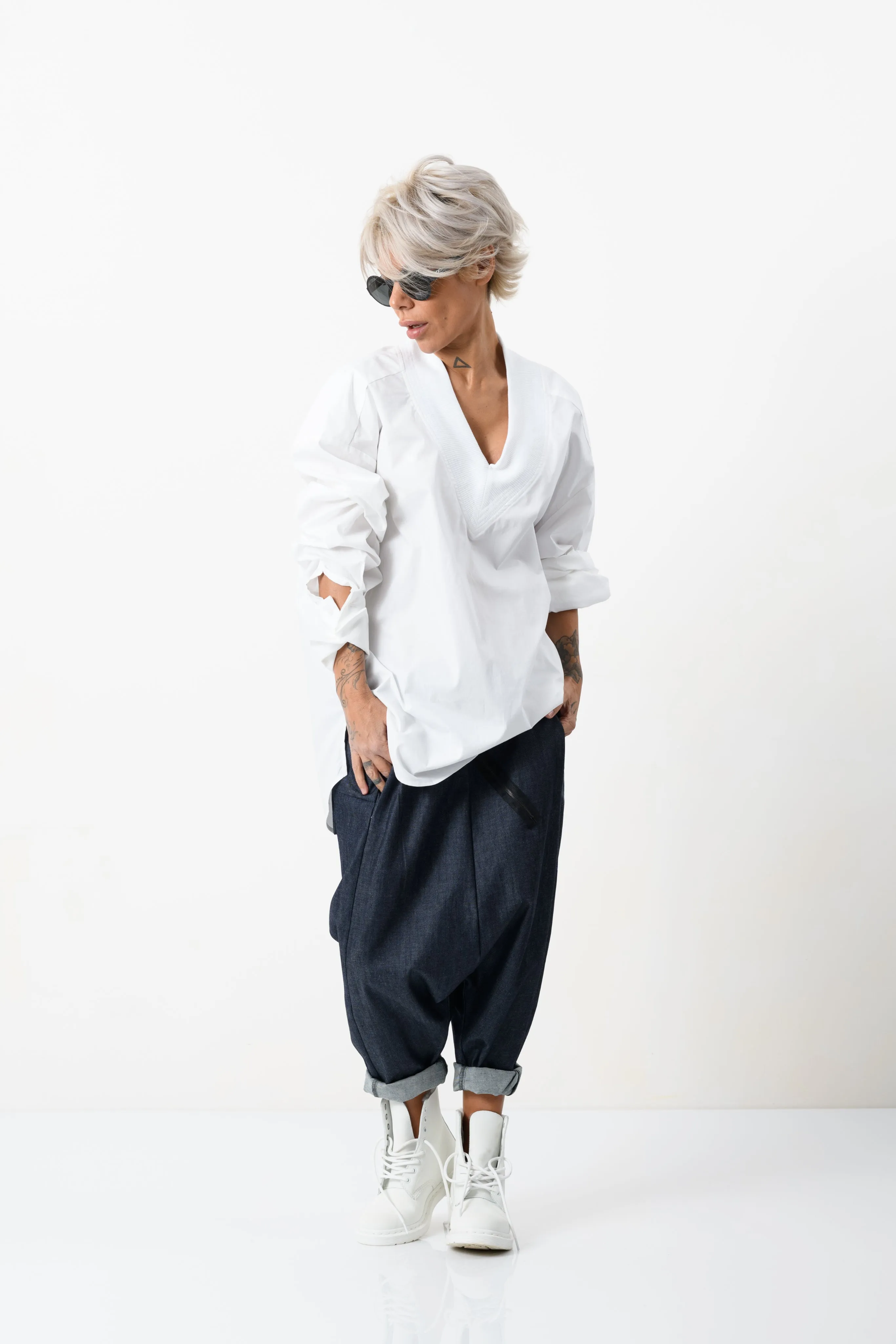 Oversized V-neck White Shirt