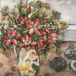 Peebles and Flowers. Collagraph Print 1/1, Framed (VO70)