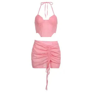 Pink Lace Hollow Strap Wrap Chest Irregular Dress Set