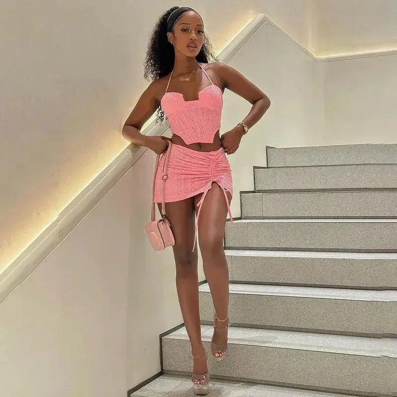 Pink Lace Hollow Strap Wrap Chest Irregular Dress Set