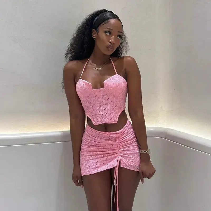 Pink Lace Hollow Strap Wrap Chest Irregular Dress Set