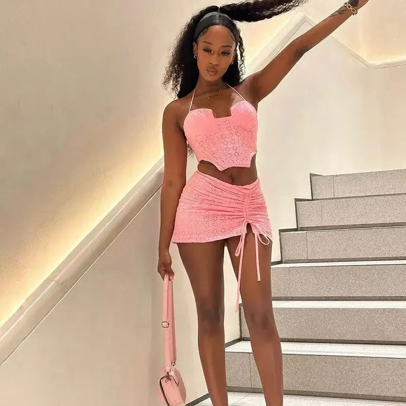Pink Lace Hollow Strap Wrap Chest Irregular Dress Set