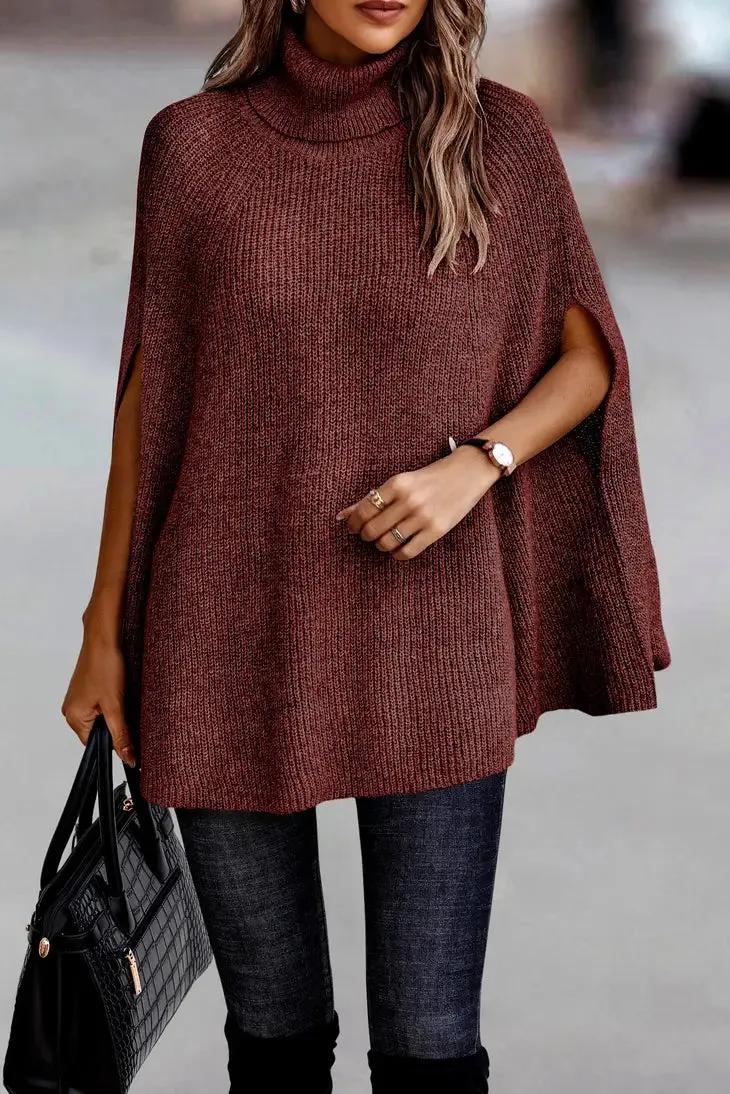 Ribbed Knit Turtleneck Poncho