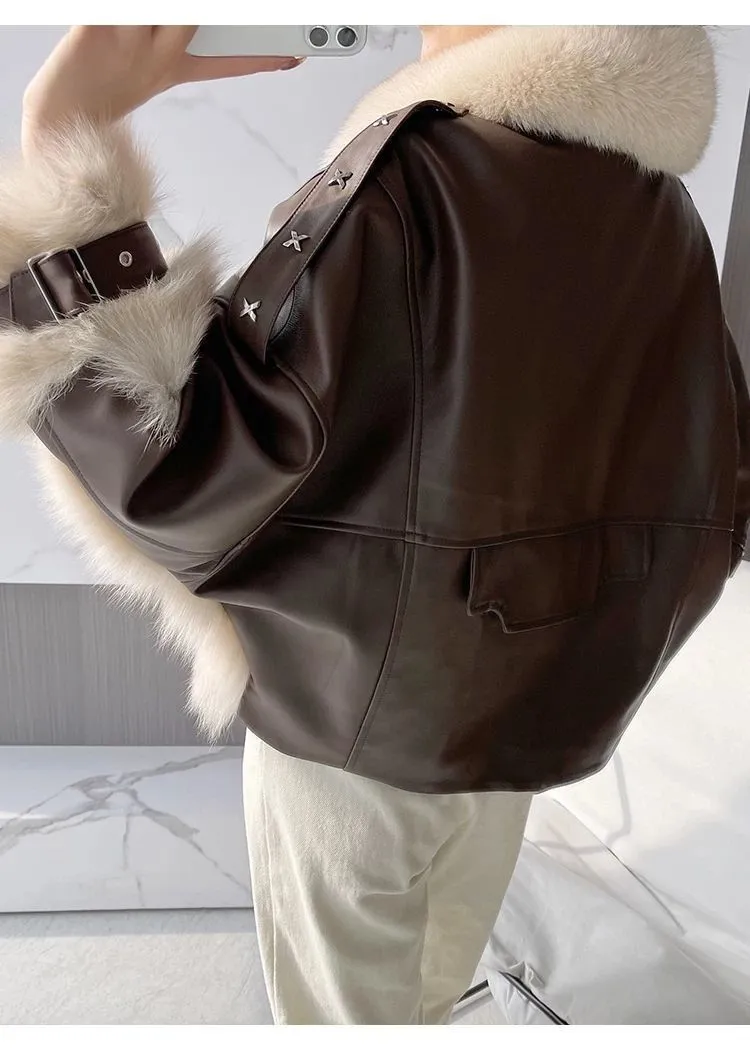 Sense Fox Fur Stitching Leather Coat- GlamzLife