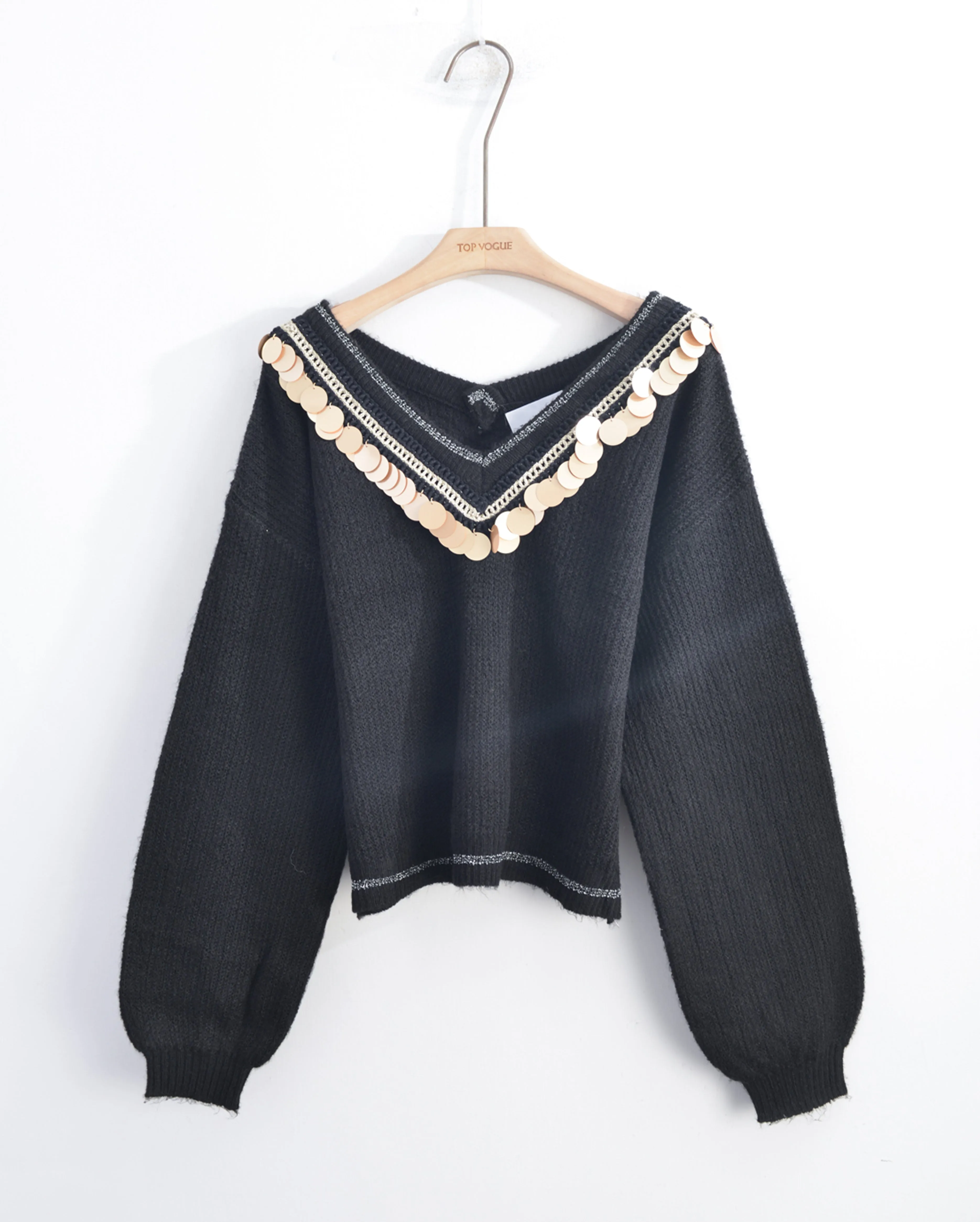 Sequin Trim V neck Jumper