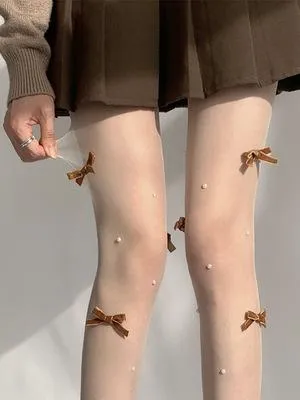 Sheer mesh faux pearl bowknot tights