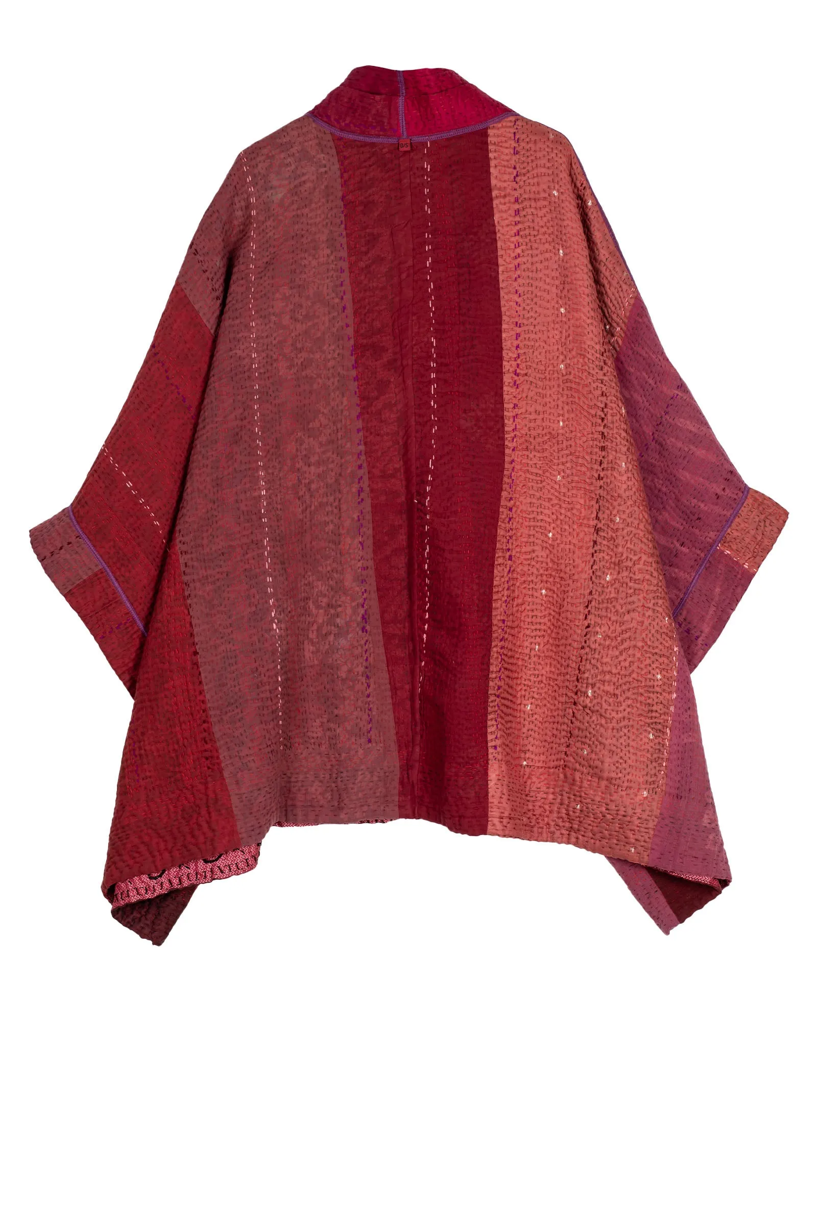 STRIPE RALLIS KANTHA DOUBLE COLLAR PONCHO - pr4323-red -