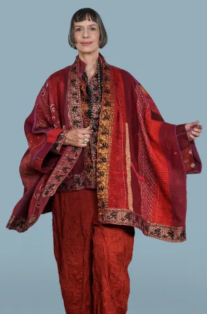 STRIPE RALLIS KANTHA DOUBLE COLLAR PONCHO - pr4323-red -