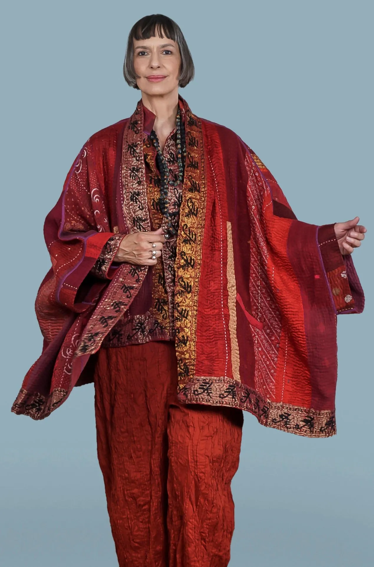 STRIPE RALLIS KANTHA DOUBLE COLLAR PONCHO - pr4323-red -