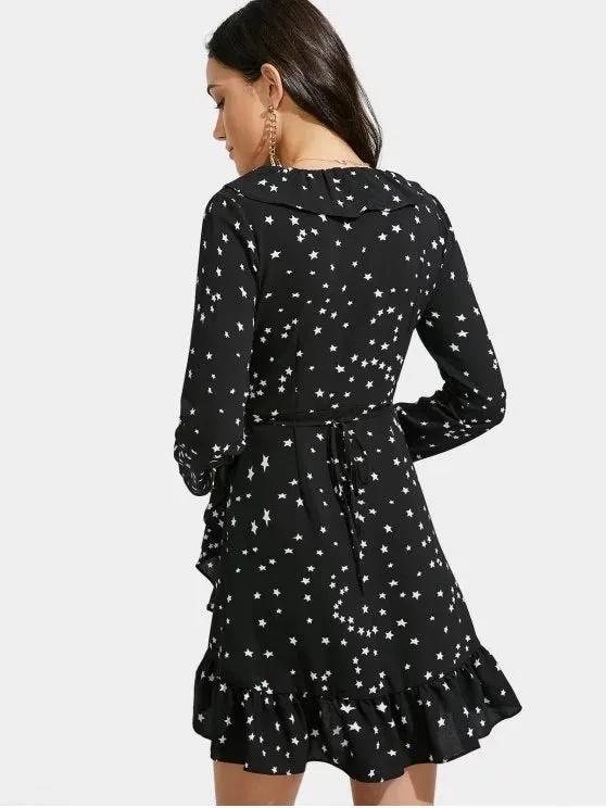 TastyHottie - Stunning Star Print Ruffle Hem Plunge Wrap Dress