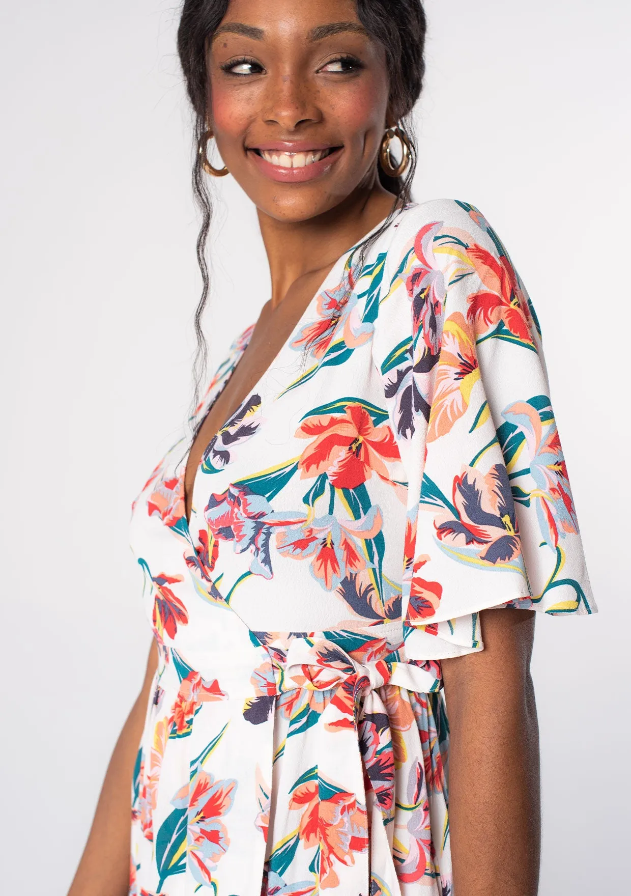 Tropical Floral Flutter Sleeve Mini Wrap Dress