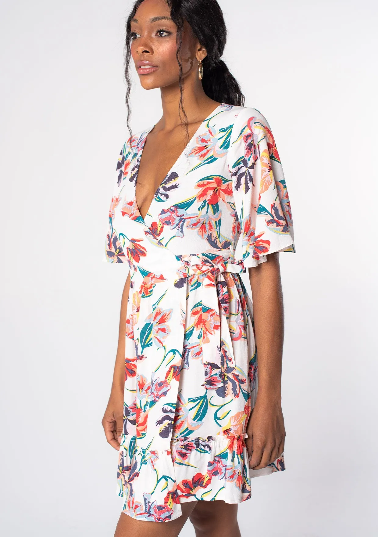Tropical Floral Flutter Sleeve Mini Wrap Dress
