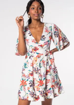 Tropical Floral Flutter Sleeve Mini Wrap Dress