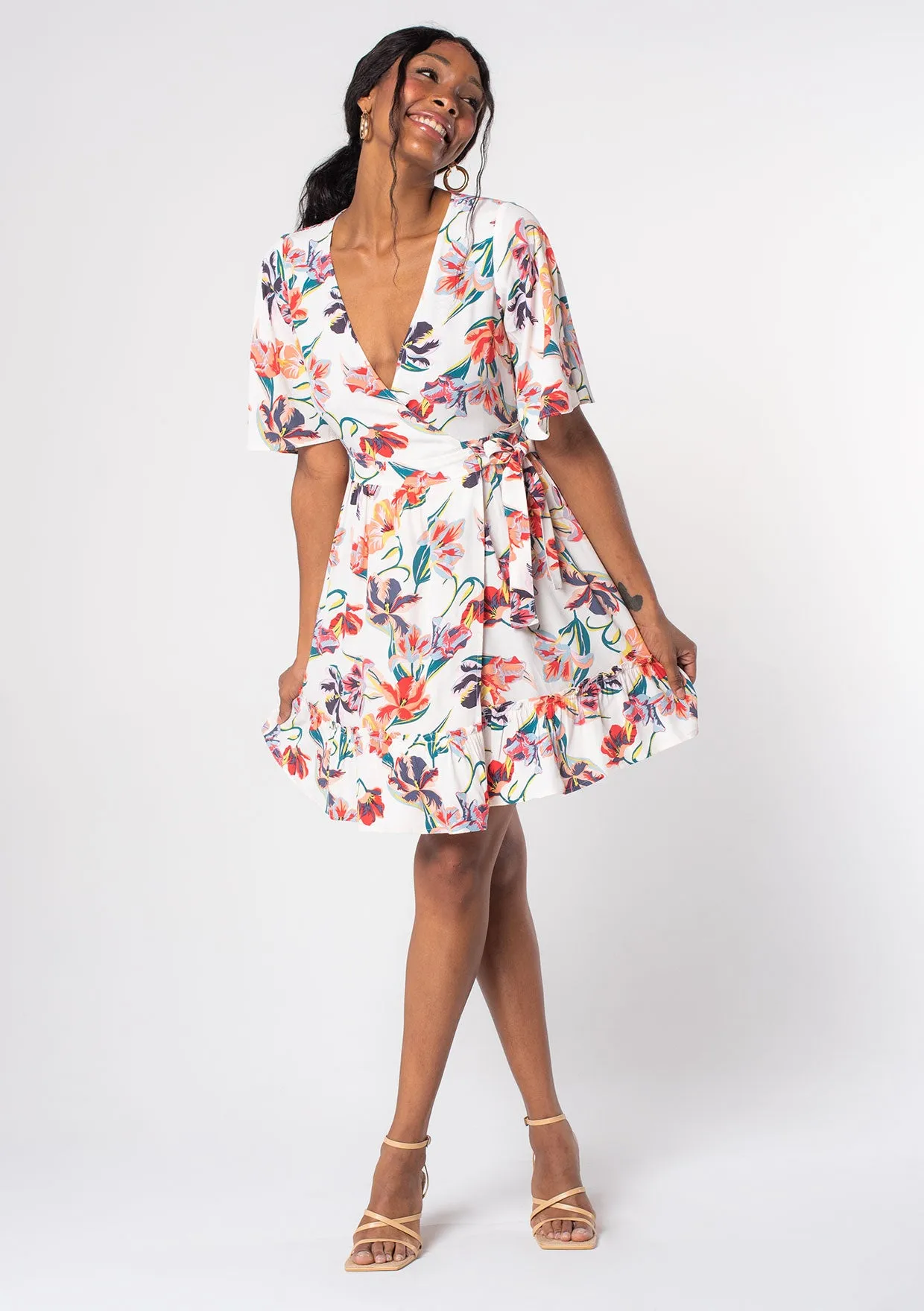 Tropical Floral Flutter Sleeve Mini Wrap Dress