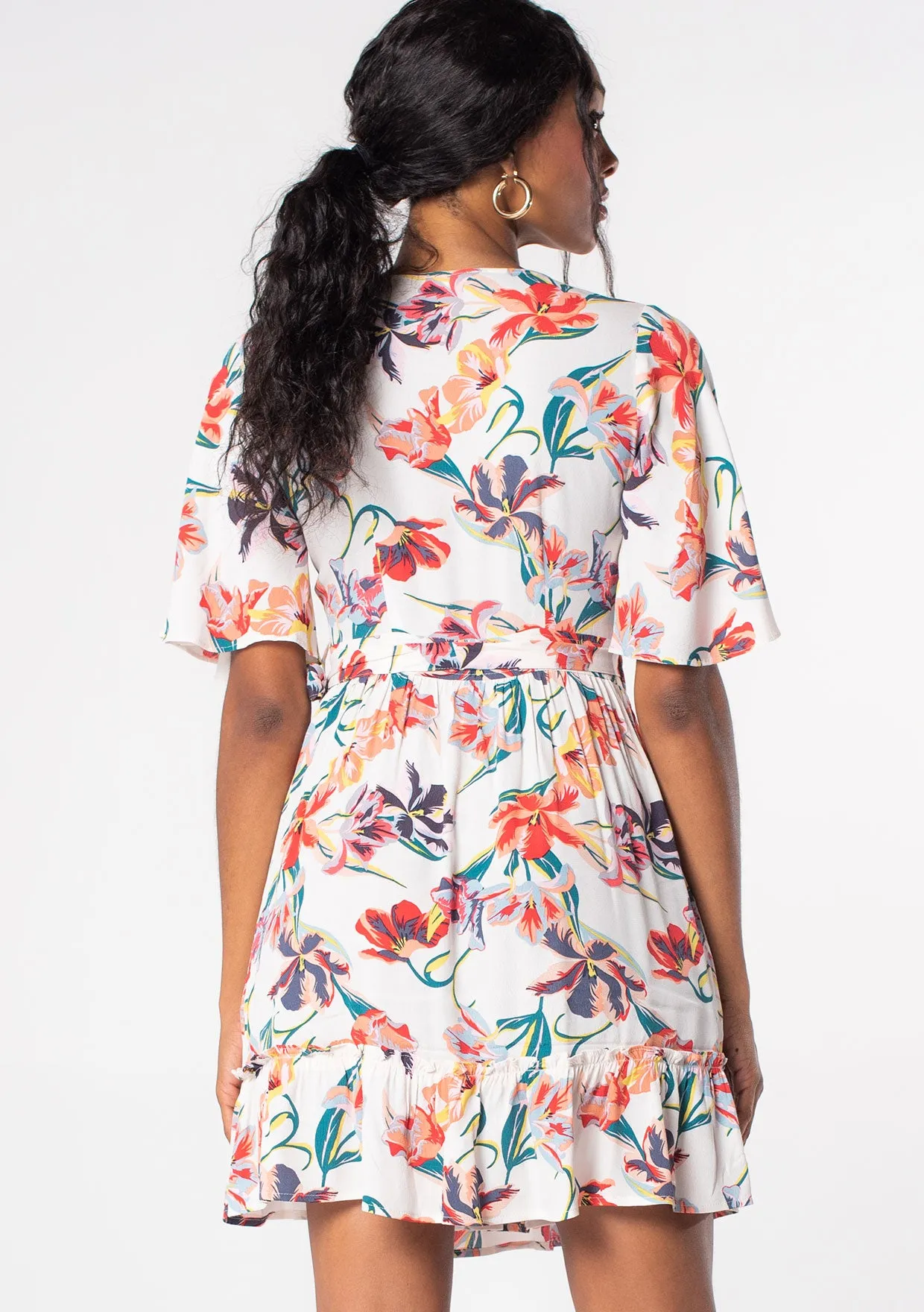 Tropical Floral Flutter Sleeve Mini Wrap Dress