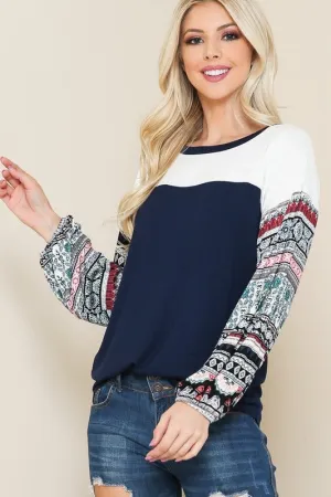 Tunic Top w/ Print Sleeves, Navy/White (MED ONLY)