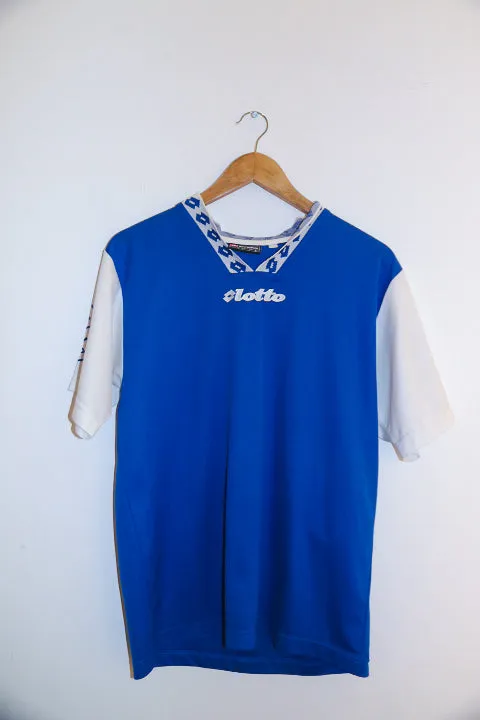 Vintage mens Lotto V-neck blue and white tees