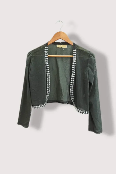 Vintage Shannon womens cropped beaded open front grey jacket M/L