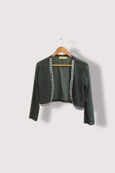 Vintage Shannon womens cropped beaded open front grey jacket M/L